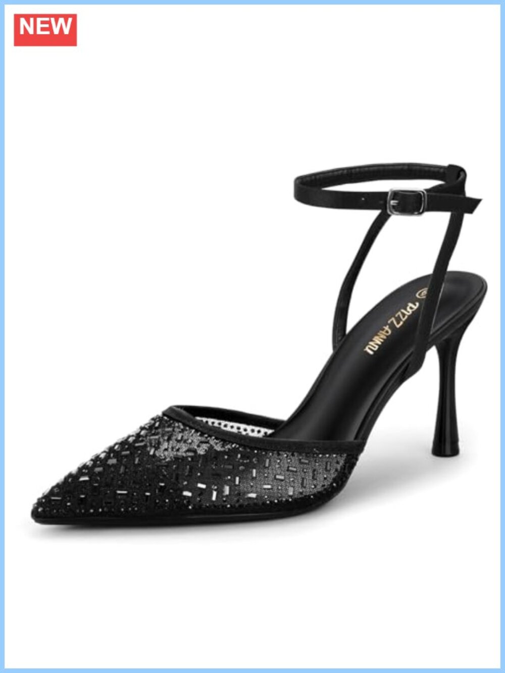Women's Rhinestone Mesh Stiletto Pumps with Ankle Strap, 3" Heel, Sparkly Party